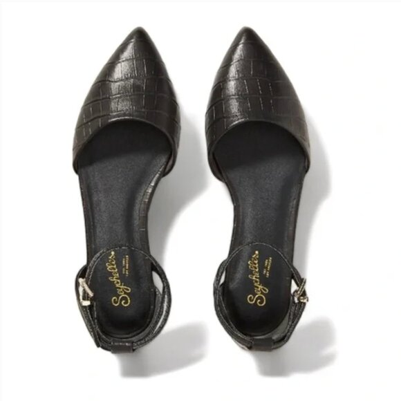 Seychelles PLATEAU ANKLE STRAP POINTED TOE FLAT BLACK CROCODILE What a Girl Want - Picture 1 of 7